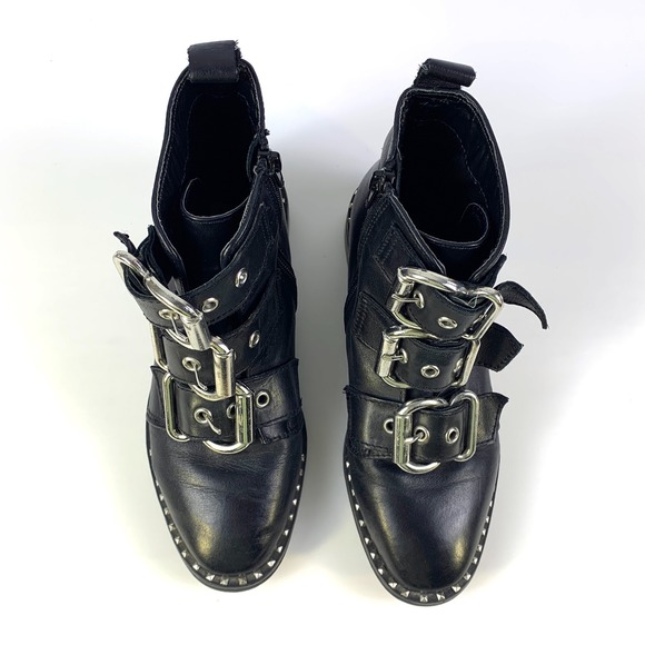 Steve Madden Recharge Leather Boots Womens Sz 6 Black Buckle Moto Studded Bootie - Picture 10 of 16